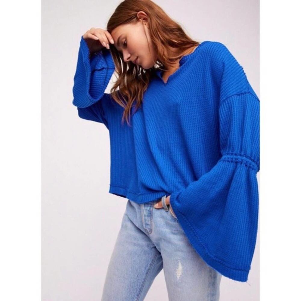 Free People We The Free Sapphire Blue Dahlia Waffle Knit Bell Sleeve Top